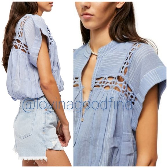 FREE PEOPLE Cedar Lace Trim Popover Blue Blouse NWT XS - Picture 2 of 10